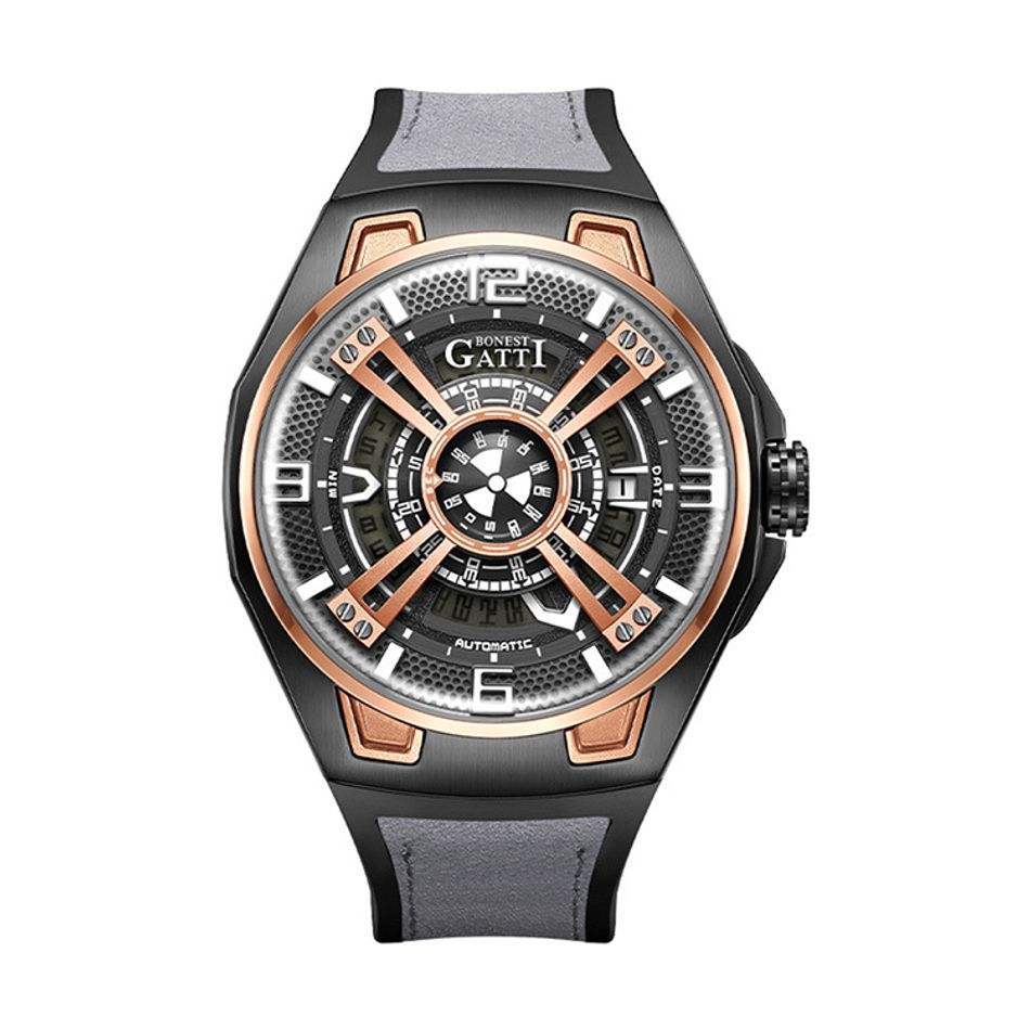 BONEST GATTI 布加迪 | 宇宙系列 BG5803-A1 | 黑玫瑰金款 鏤空面盤 橡膠錶帶 自動上鍊機械腕錶正面