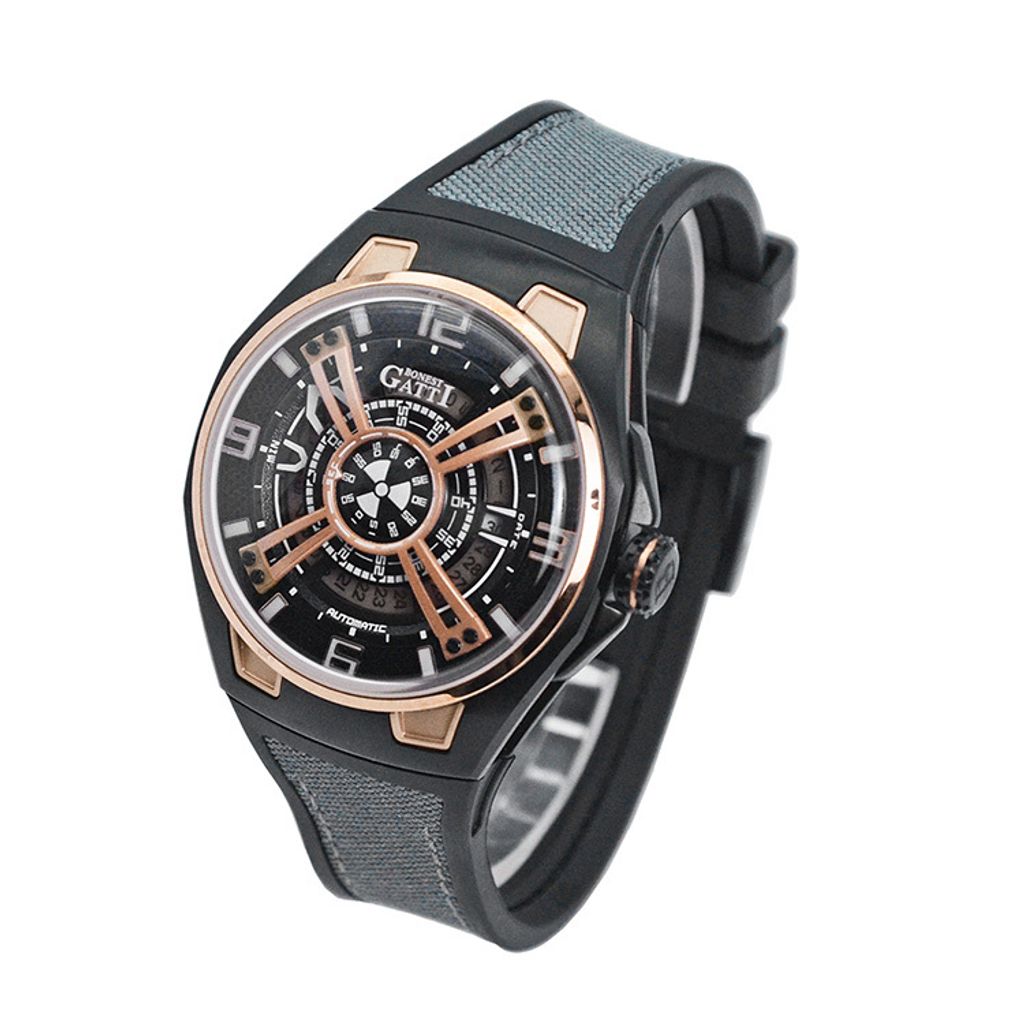 BONEST GATTI 布加迪 | 宇宙系列 BG5803-A1 | 黑玫瑰金款 鏤空面盤 橡膠錶帶 自動上鍊機械腕錶側面