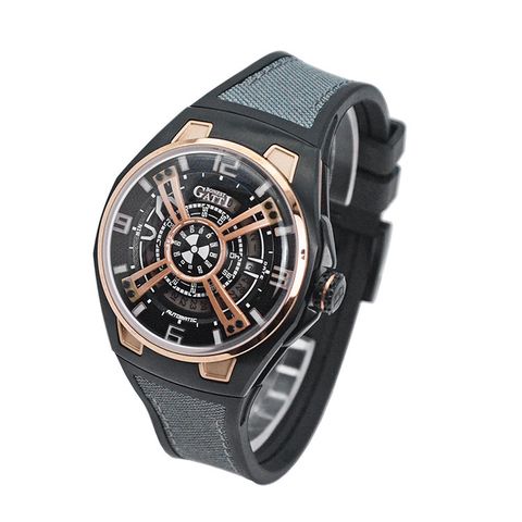 BONEST GATTI 布加迪 | 宇宙系列 BG5803-A1 | 黑玫瑰金款 鏤空面盤 橡膠錶帶 自動上鍊機械腕錶側面