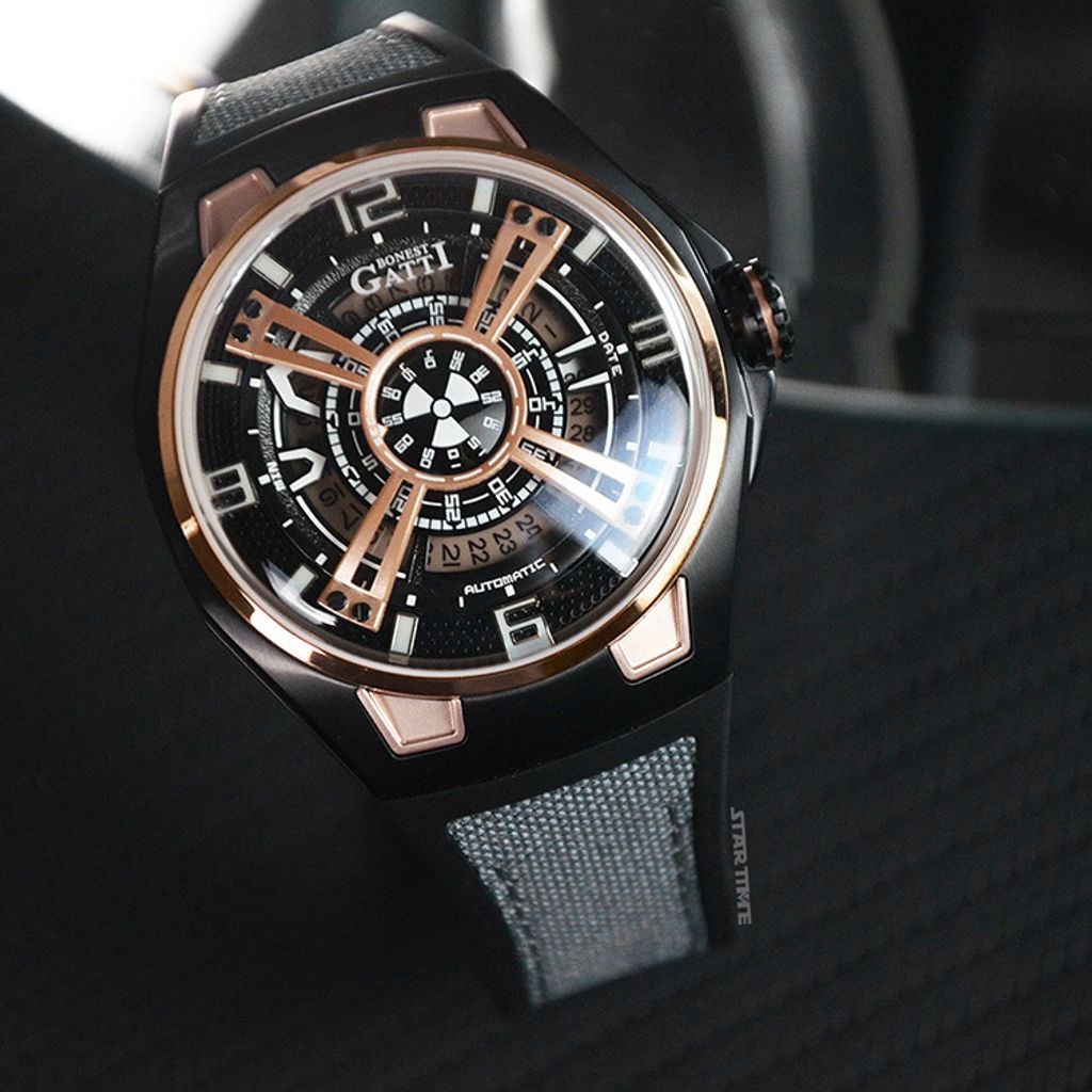 BONEST GATTI 布加迪 | 宇宙系列 BG5803-A1 | 黑玫瑰金款 鏤空面盤 橡膠錶帶 自動上鍊機械腕錶錶面細節