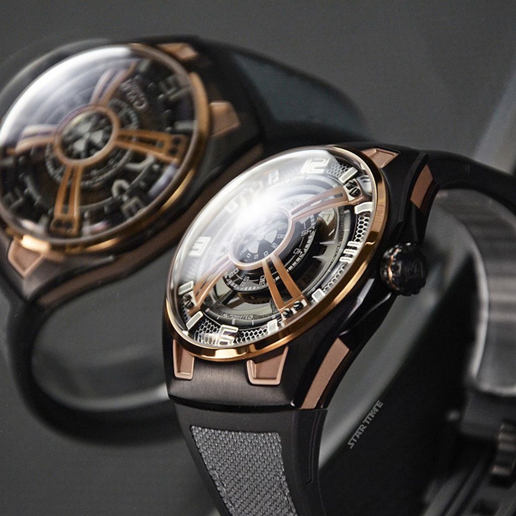 BONEST GATTI 布加迪 | 宇宙系列 BG5803-A1 | 黑玫瑰金款 鏤空面盤 橡膠錶帶 自動上鍊機械腕錶側面細節