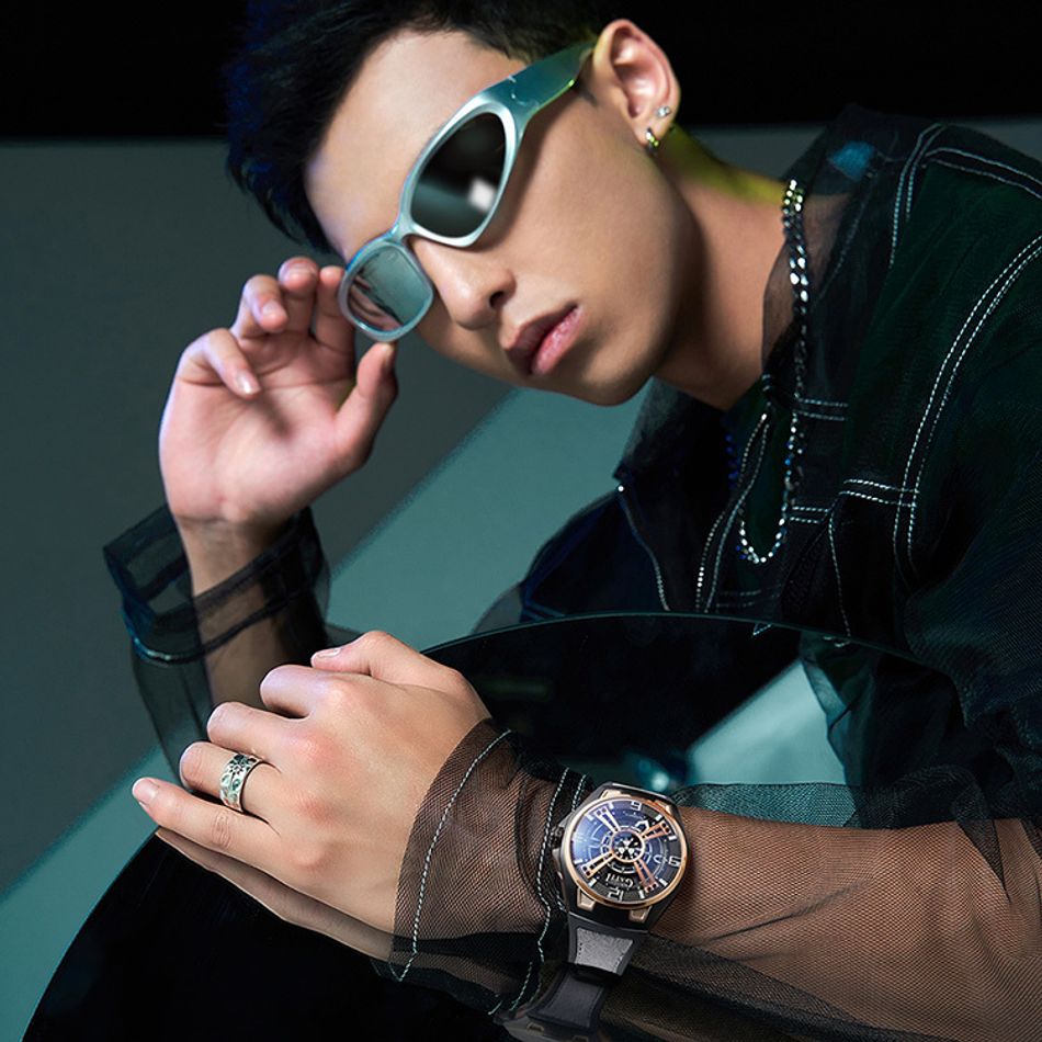 BONEST GATTI 布加迪 | 宇宙系列 BG5803-A1 | 黑玫瑰金款 鏤空面盤 橡膠錶帶 自動上鍊機械腕錶搭配參考