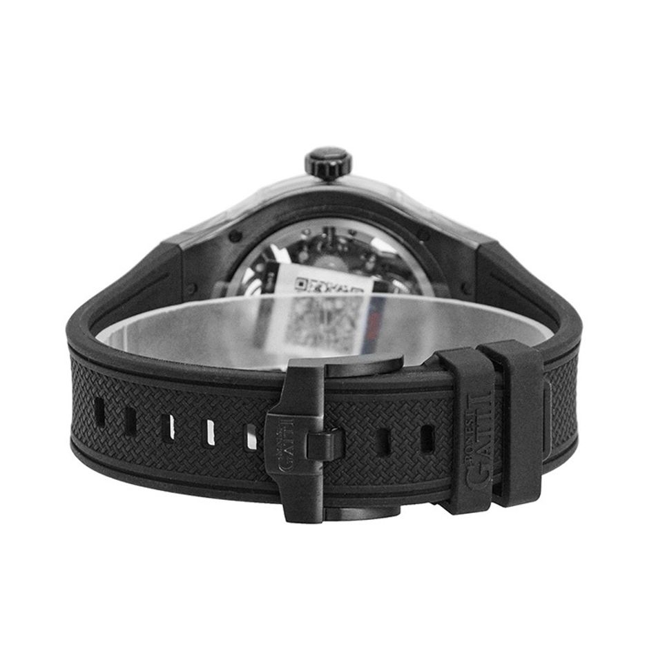 BONEST GATTI 布加迪 | 馳風競速系列 BG5807-A1 | 黑色 黑框 鏤空酒桶造型 氟橡膠錶帶 自動上鍊機械腕錶 45mm背面