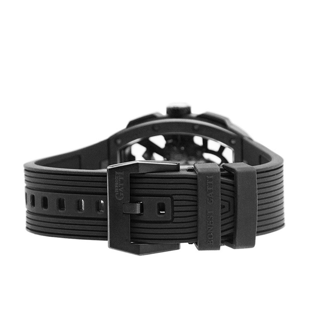 BONEST GATTI 布加迪 | 馳風競速系列 BG9950-A1 | 黑色 黑框 鏤空酒桶造型 氟橡膠錶帶 自動上鍊機械腕錶 42mm背面