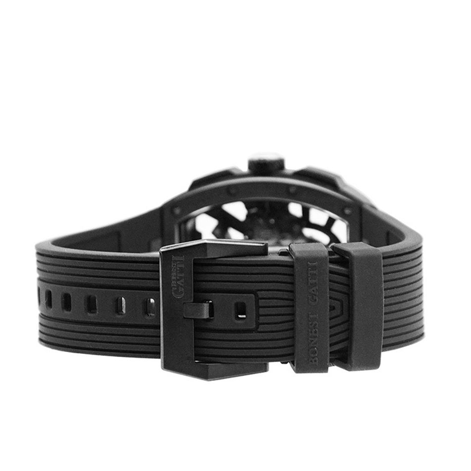 BONEST GATTI 布加迪 | 馳風競速系列 BG9950-A1 | 黑色 黑框 鏤空酒桶造型 氟橡膠錶帶 自動上鍊機械腕錶 42mm背面