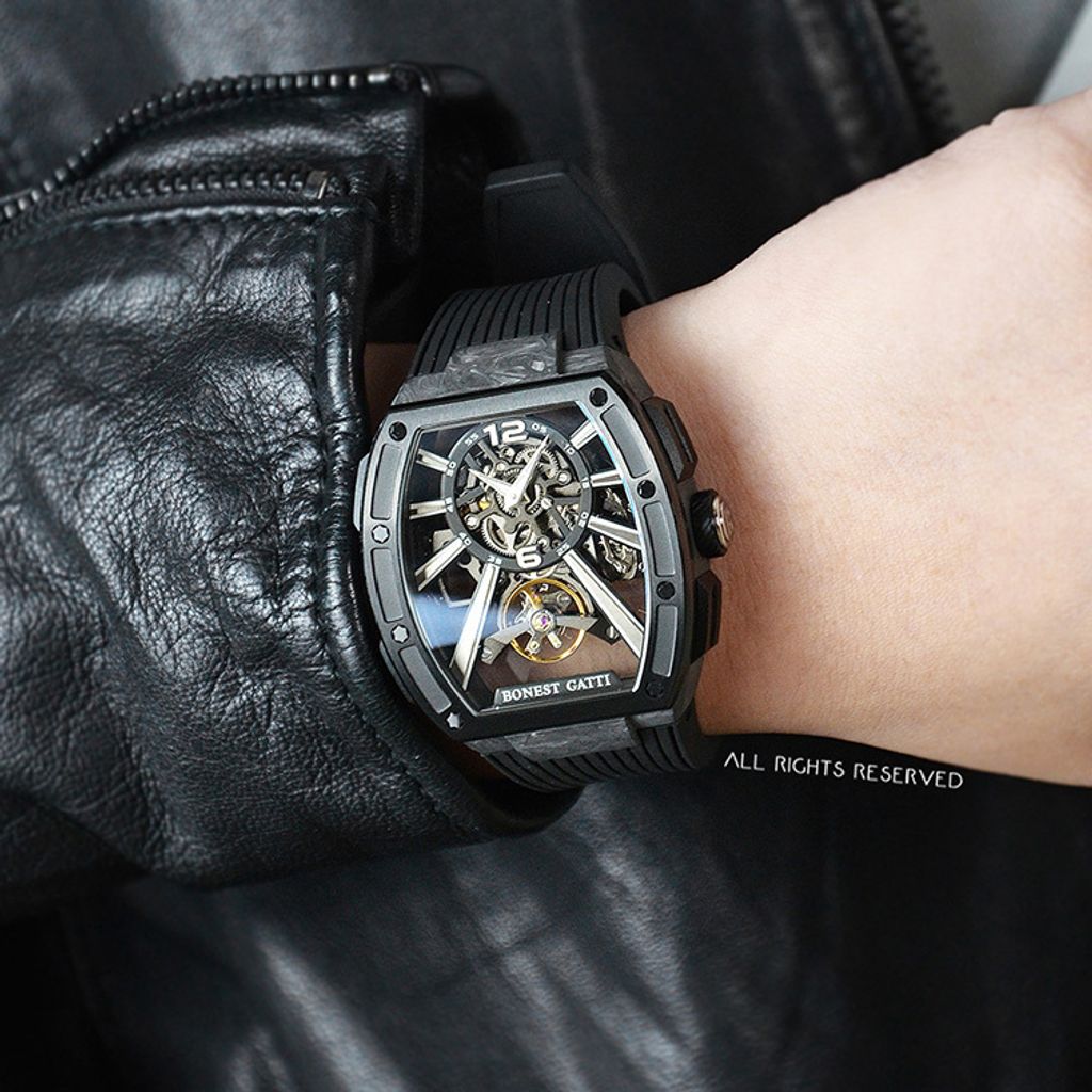 BONEST GATTI 布加迪 | 馳風競速系列 BG9950-A1 | 黑色 黑框 鏤空酒桶造型 氟橡膠錶帶 自動上鍊機械腕錶 42mm實戴展示
