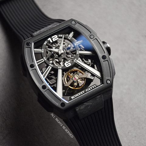 BONEST GATTI 布加迪 | 馳風競速系列 BG9950-A1 | 黑色 黑框 鏤空酒桶造型 氟橡膠錶帶 自動上鍊機械腕錶 42mm左側細節