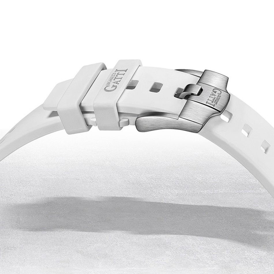 BONEST GATTI 布加迪 | 馳風競速系列 BG5501-A1 | 藍x銀框 鏤空酒桶造型 白色氟橡膠錶帶 機械腕錶 46mm錶帶細節