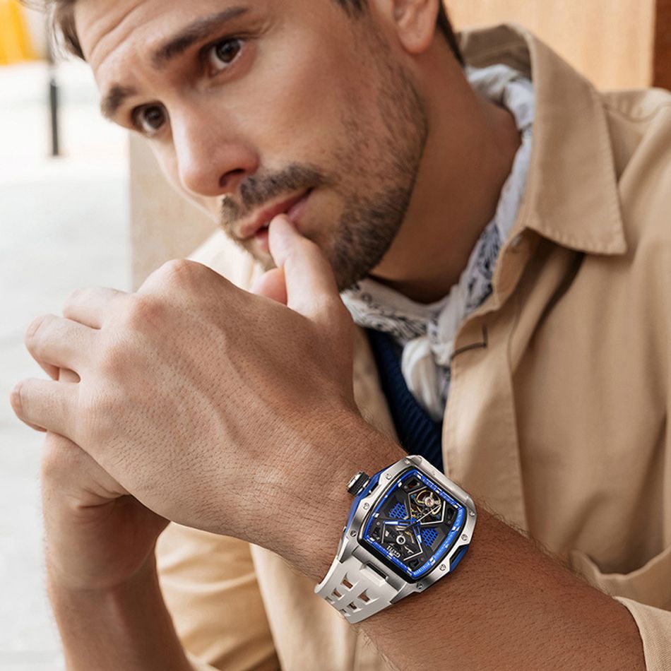 BONEST GATTI 布加迪 | 馳風競速系列 BG5501-A1 | 藍x銀框 鏤空酒桶造型 白色氟橡膠錶帶 機械腕錶 46mm實戴展示