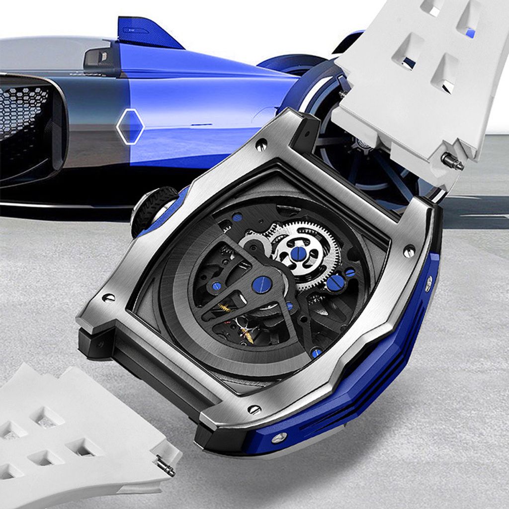 BONEST GATTI 布加迪 | 馳風競速系列 BG5501-A1 | 藍x銀框 鏤空酒桶造型 白色氟橡膠錶帶 機械腕錶 46mm背面