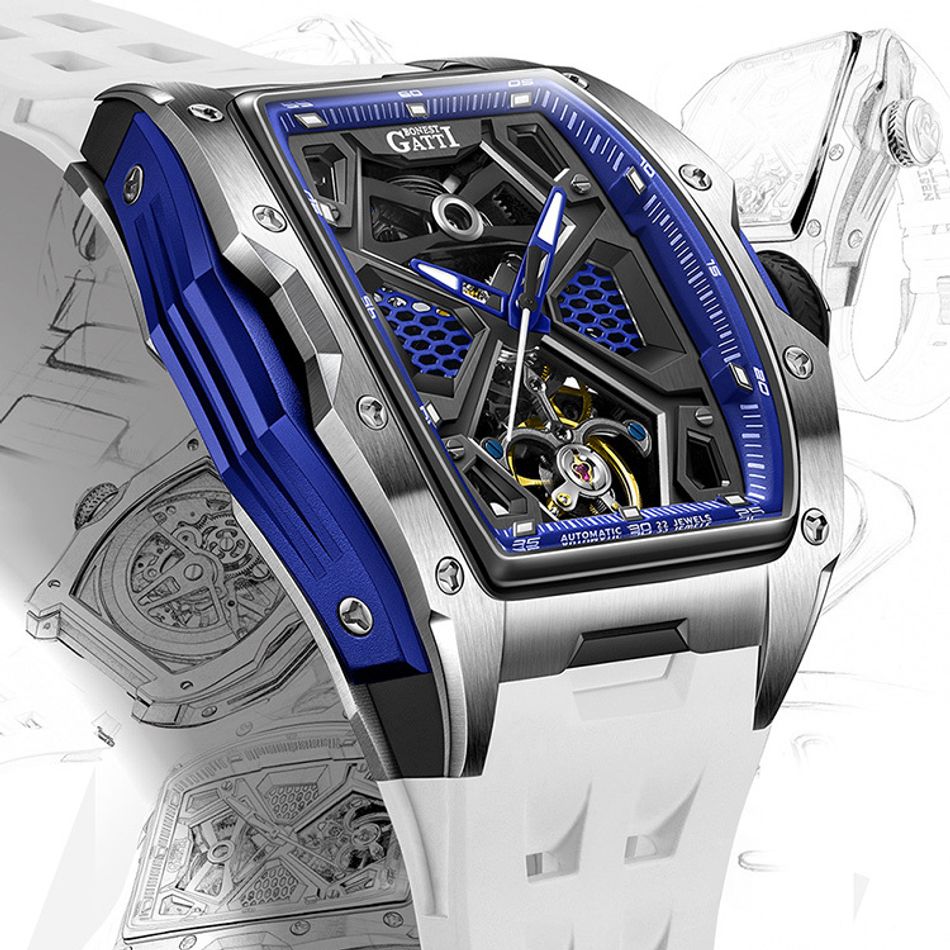 BONEST GATTI 布加迪 | 馳風競速系列 BG5501-A1 | 藍x銀框 鏤空酒桶造型 白色氟橡膠錶帶 機械腕錶 46mm左側細節