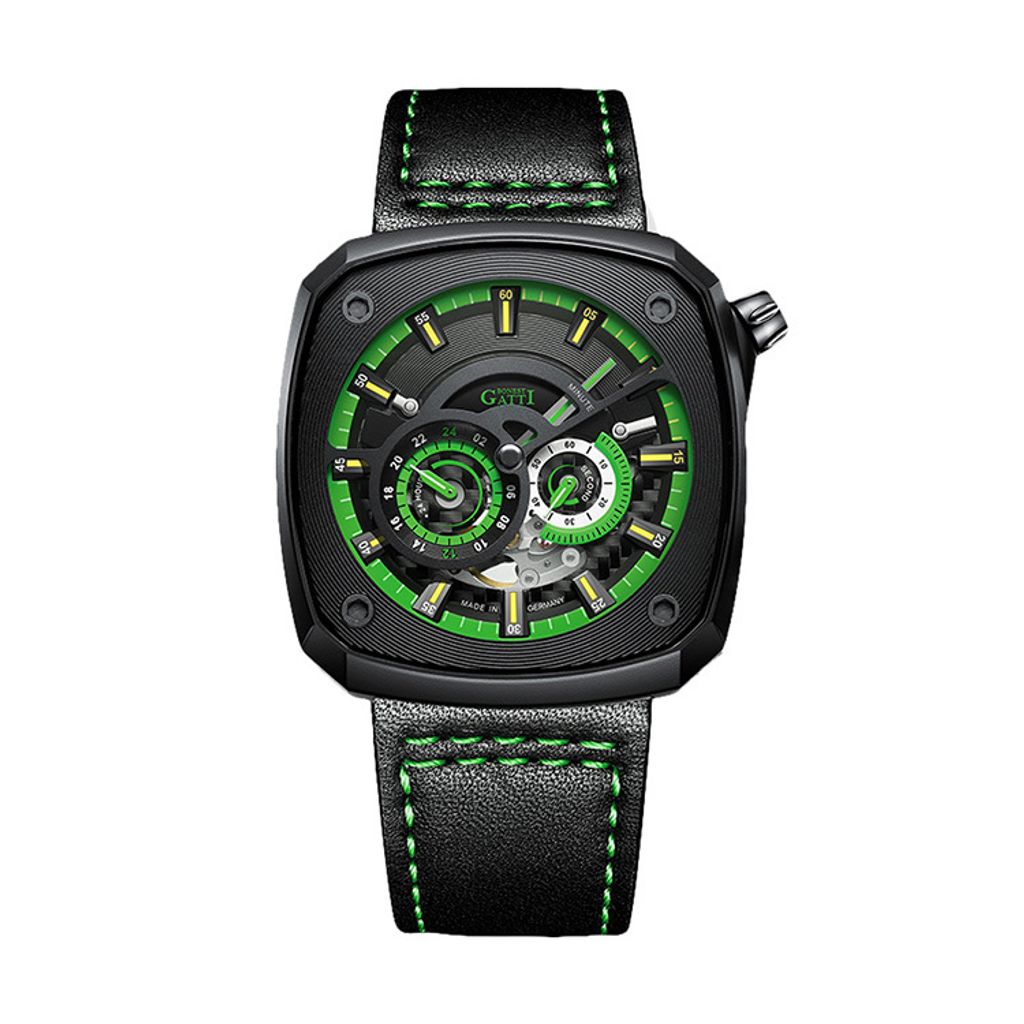 BONEST GATTI 布加迪 | 離岸系列 BG6601-B5 | 黑色 黑框  方形夜光錶盤 皮革錶帶 自動上鍊機械腕錶 43mm正面