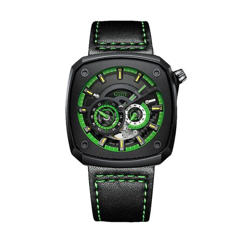 BONEST GATTI 布加迪 | 離岸系列 BG6601-B5 | 黑色 黑框  方形夜光錶盤 皮革錶帶 自動上鍊機械腕錶 43mm正面