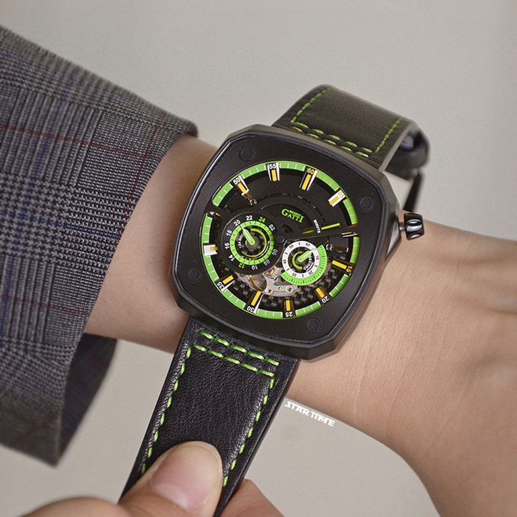 BONEST GATTI 布加迪 | 離岸系列 BG6601-B5 | 黑色 黑框  方形夜光錶盤 皮革錶帶 自動上鍊機械腕錶 43mm實戴展示