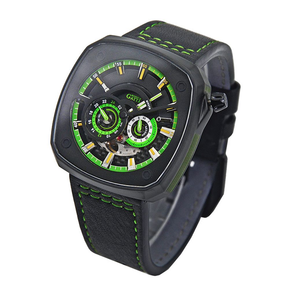 BONEST GATTI 布加迪 | 離岸系列 BG6601-B5 | 黑色 黑框  方形夜光錶盤 皮革錶帶 自動上鍊機械腕錶 43mm側面