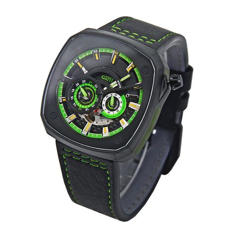 BONEST GATTI 布加迪 | 離岸系列 BG6601-B5 | 黑色 黑框  方形夜光錶盤 皮革錶帶 自動上鍊機械腕錶 43mm側面