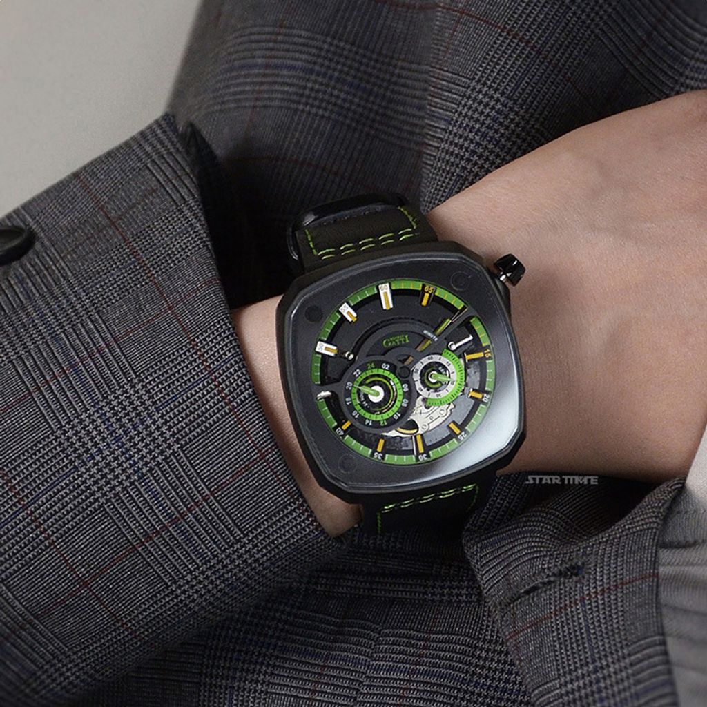 BONEST GATTI 布加迪 | 離岸系列 BG6601-B5 | 黑色 黑框  方形夜光錶盤 皮革錶帶 自動上鍊機械腕錶 43mm實戴細節