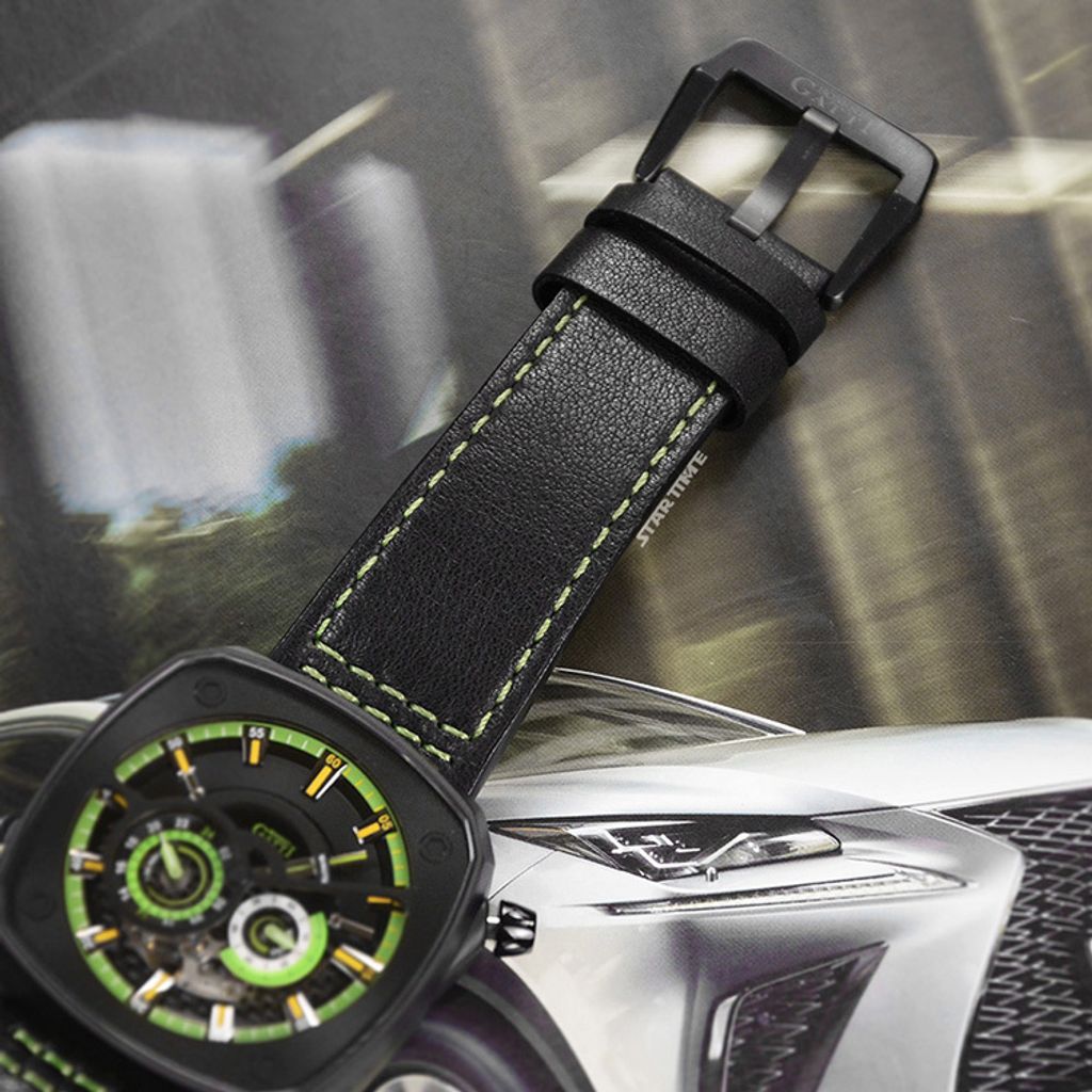 BONEST GATTI 布加迪 | 離岸系列 BG6601-B5 | 黑色 黑框  方形夜光錶盤 皮革錶帶 自動上鍊機械腕錶 43mm錶帶細節