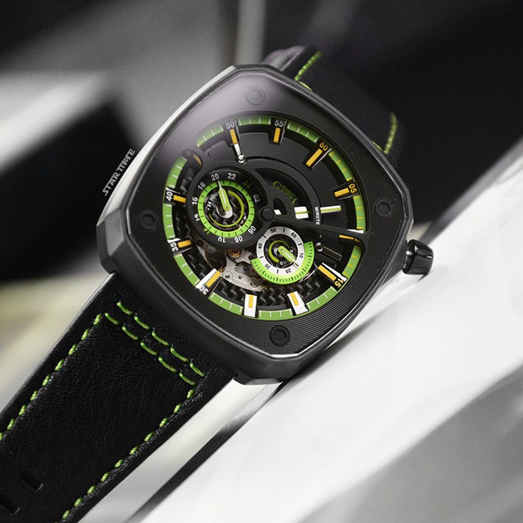 BONEST GATTI 布加迪 | 離岸系列 BG6601-B5 | 黑色 黑框  方形夜光錶盤 皮革錶帶 自動上鍊機械腕錶 43mm錶面細節