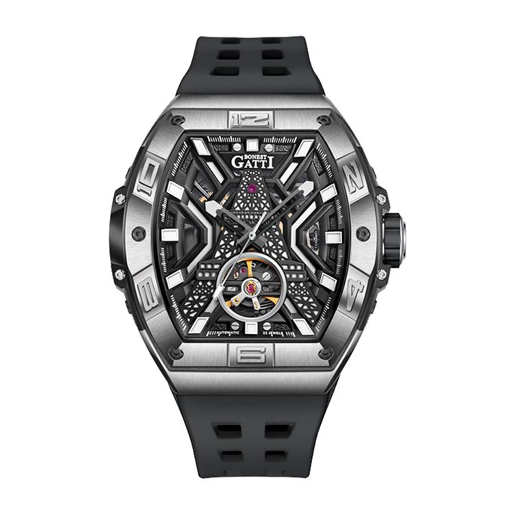 BONEST GATTI 布加迪 | 王者裝置系列 BG9970-A2 | 黑色 銀框 巴黎鐵塔造型面盤 氟橡膠錶帶 自動上鍊機械腕錶 45mm正面