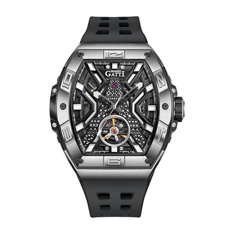 BONEST GATTI 布加迪 | 王者裝置系列 BG9970-A2 | 黑色 銀框 巴黎鐵塔造型面盤 氟橡膠錶帶 自動上鍊機械腕錶 45mm正面