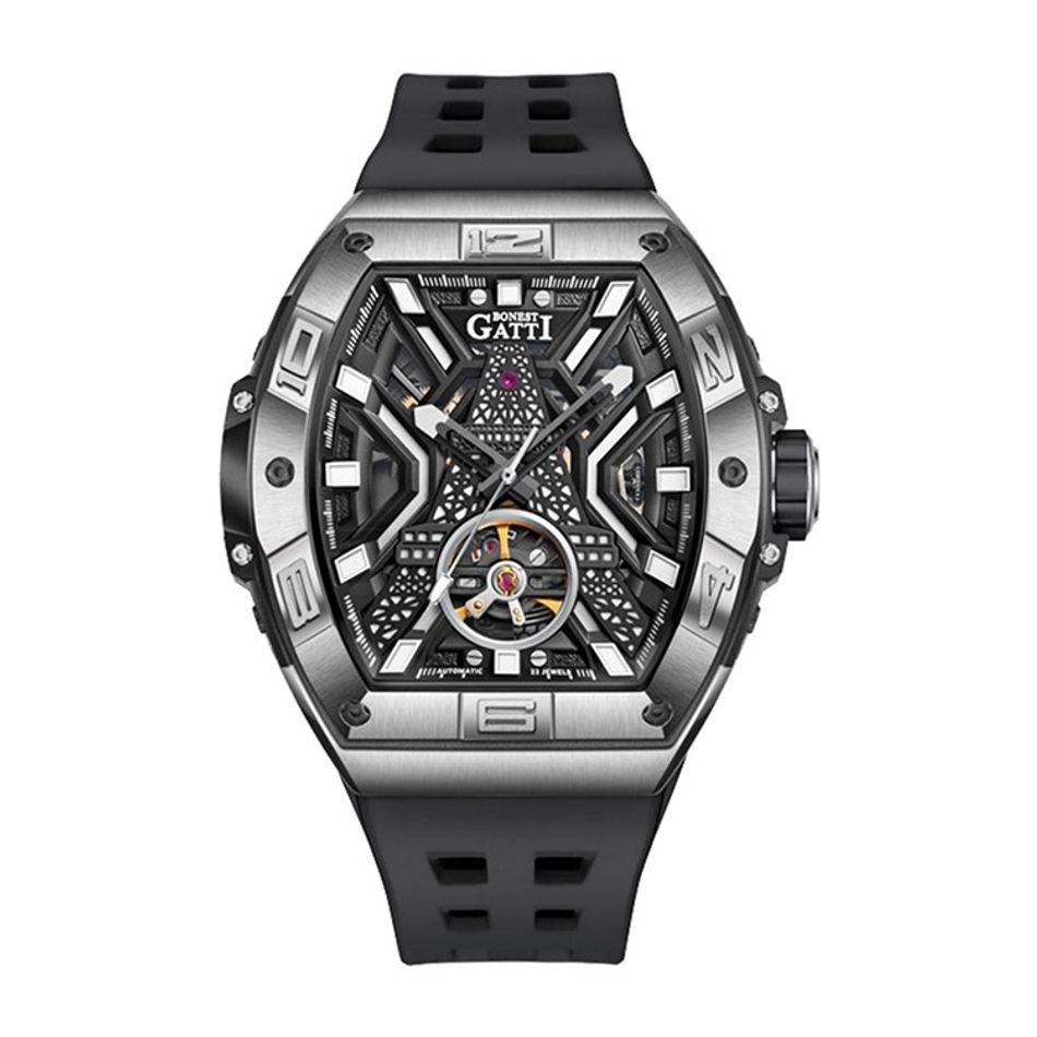 BONEST GATTI 布加迪 | 王者裝置系列 BG9970-A2 | 黑色 銀框 巴黎鐵塔造型面盤 氟橡膠錶帶 自動上鍊機械腕錶 45mm正面