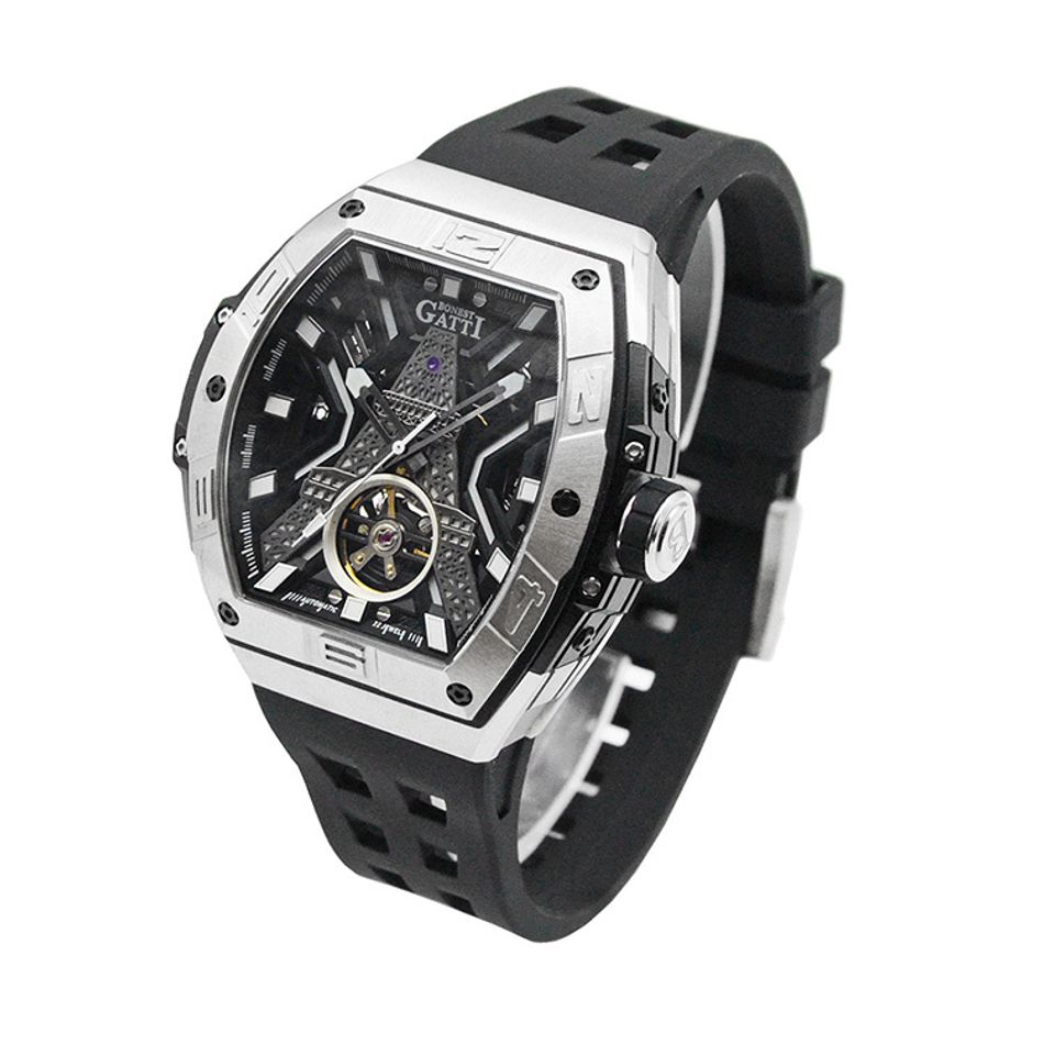 BONEST GATTI 布加迪 | 王者裝置系列 BG9970-A2 | 黑色 銀框 巴黎鐵塔造型面盤 氟橡膠錶帶 自動上鍊機械腕錶 45mm側面