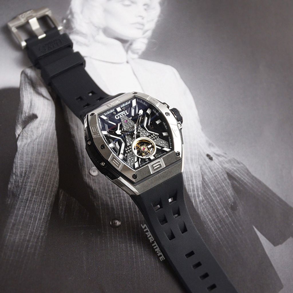 BONEST GATTI 布加迪 | 王者裝置系列 BG9970-A2 | 黑色 銀框 巴黎鐵塔造型面盤 氟橡膠錶帶 自動上鍊機械腕錶 45mm平攤錶面