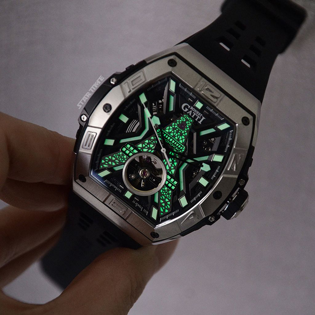 BONEST GATTI 布加迪 | 王者裝置系列 BG9970-A2 | 黑色 銀框 巴黎鐵塔造型面盤 氟橡膠錶帶 自動上鍊機械腕錶 45mm夜光效果