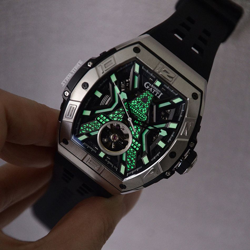 BONEST GATTI 布加迪 | 王者裝置系列 BG9970-A2 | 黑色 銀框 巴黎鐵塔造型面盤 氟橡膠錶帶 自動上鍊機械腕錶 45mm夜光效果