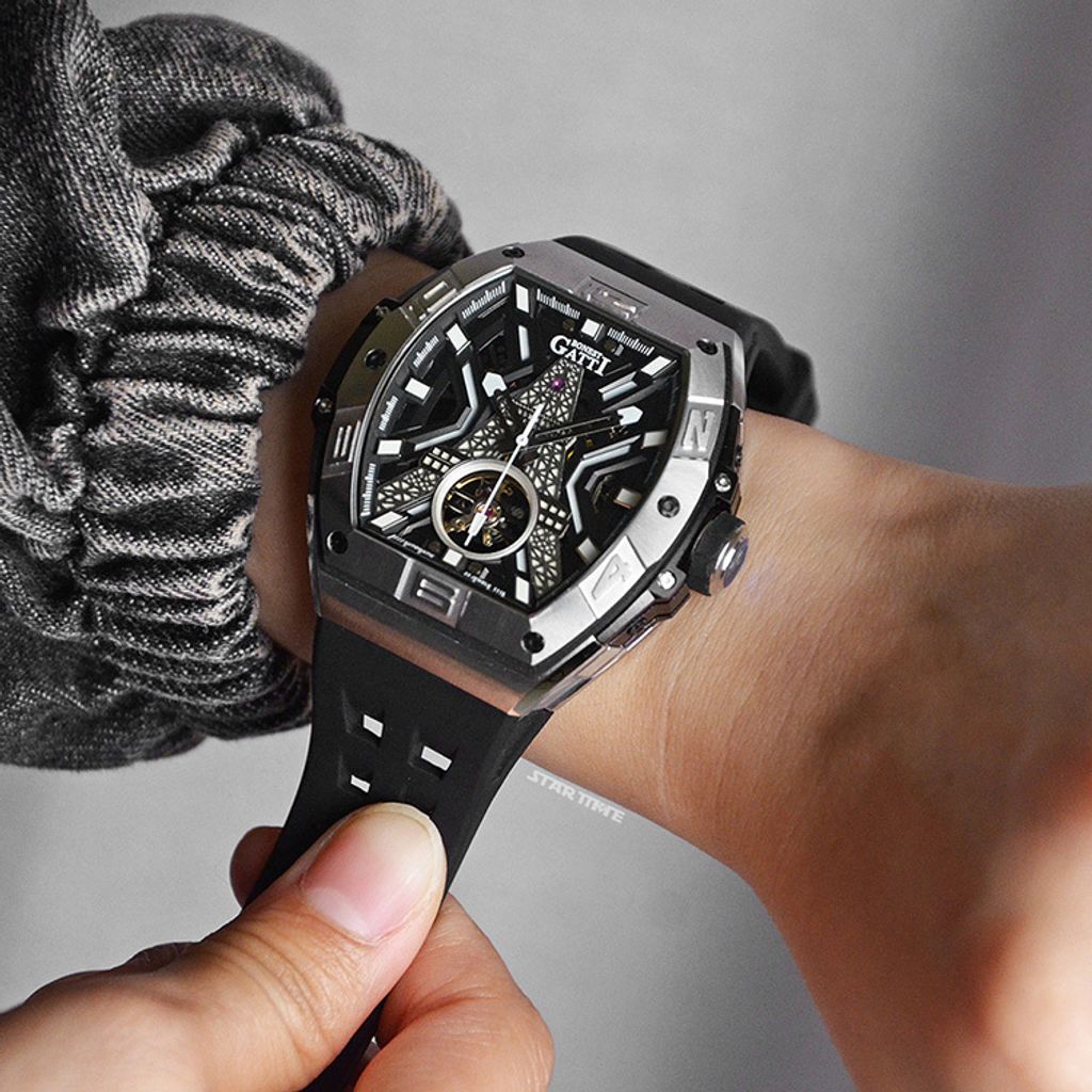 BONEST GATTI 布加迪 | 王者裝置系列 BG9970-A2 | 黑色 銀框 巴黎鐵塔造型面盤 氟橡膠錶帶 自動上鍊機械腕錶 45mm實戴展示