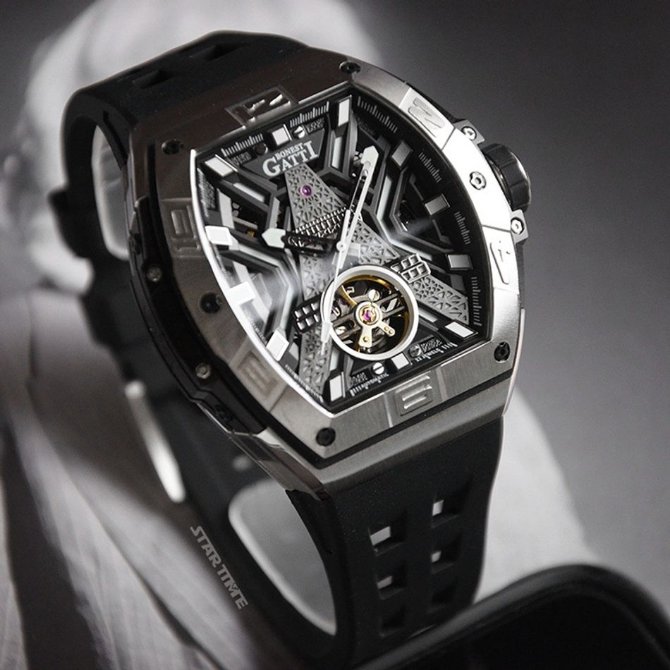 BONEST GATTI 布加迪 | 王者裝置系列 BG9970-A2 | 黑色 銀框 巴黎鐵塔造型面盤 氟橡膠錶帶 自動上鍊機械腕錶 45mm左側細節