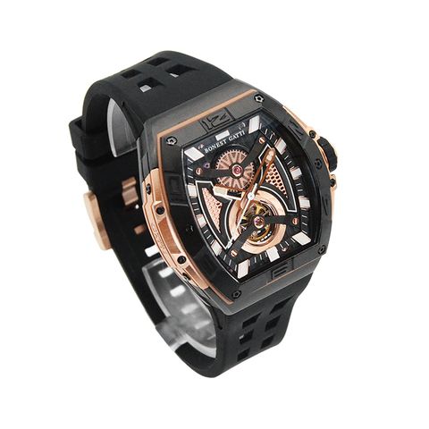 BONEST GATTI 布加迪 | 無畏時速系列 BG5701-A2 | 黑色 銀框 鏤空酒桶造型 氟橡膠錶帶 自動上鍊機械腕錶 45mm左側細節