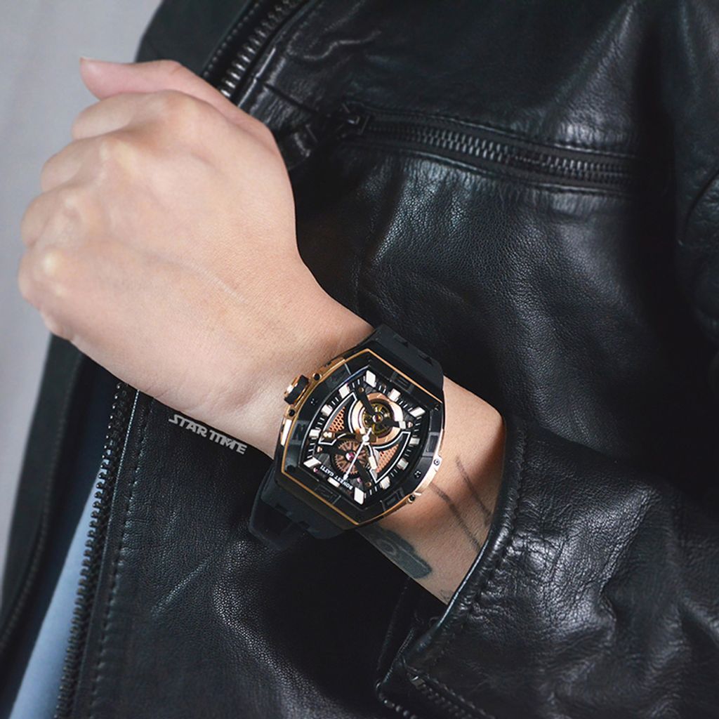 BONEST GATTI 布加迪 | 無畏時速系列 BG5701-A2 | 黑色 銀框 鏤空酒桶造型 氟橡膠錶帶 自動上鍊機械腕錶 45mm實戴展示