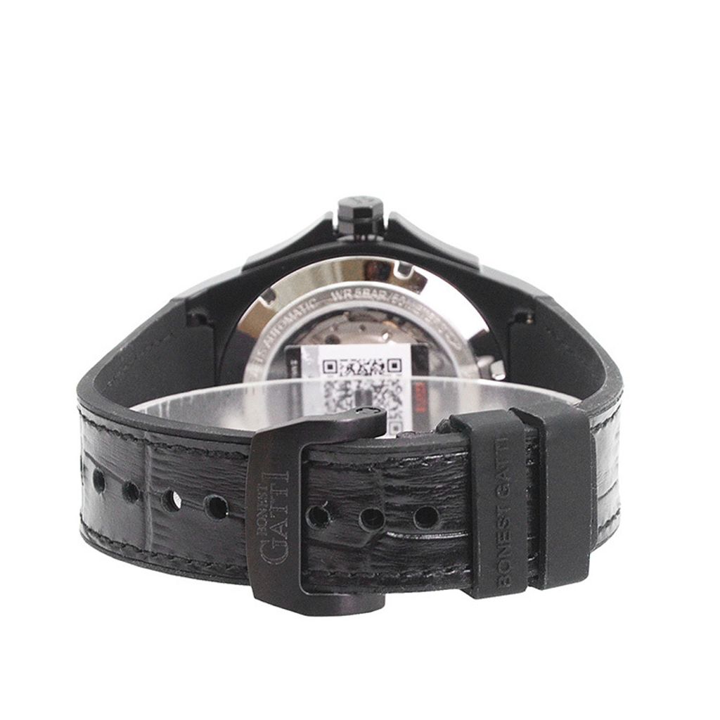 BONEST GATTI 布加迪 | 宇宙系列 BG8701-B2 | 黑框  皮革+橡膠錶帶 自動上鍊機械腕錶 45mm背面