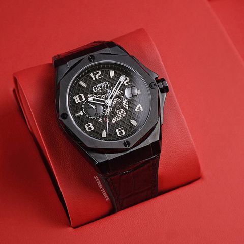 BONEST GATTI 布加迪 | 宇宙系列 BG8701-B2 | 黑框  皮革+橡膠錶帶 自動上鍊機械腕錶 45mm正面展示