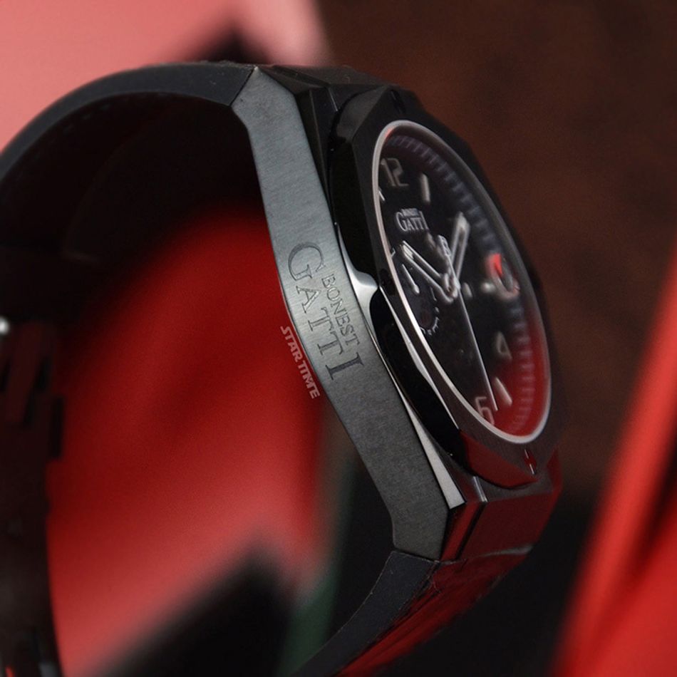 BONEST GATTI 布加迪 | 宇宙系列 BG8701-B2 | 黑框  皮革+橡膠錶帶 自動上鍊機械腕錶 45mm左側面細節