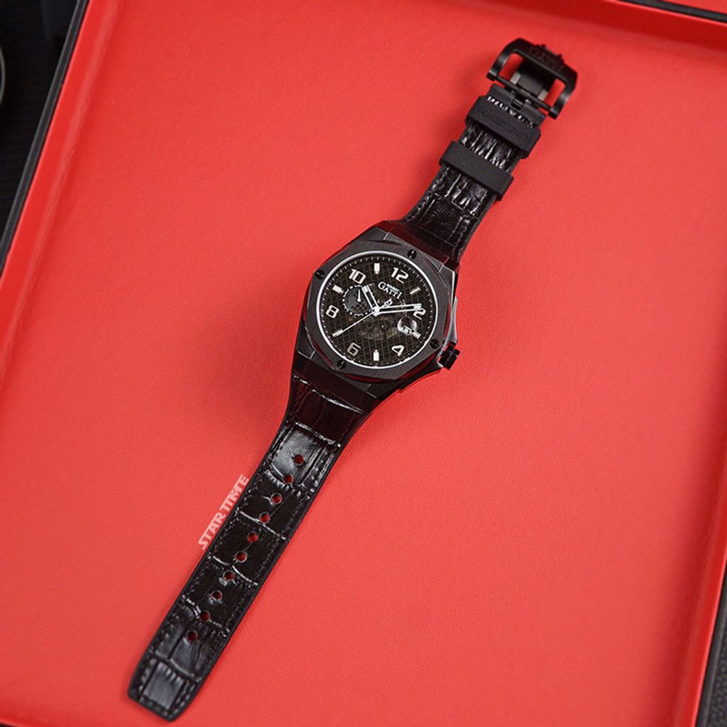 BONEST GATTI 布加迪 | 宇宙系列 BG8701-B2 | 黑框  皮革+橡膠錶帶 自動上鍊機械腕錶 45mm平攤展示