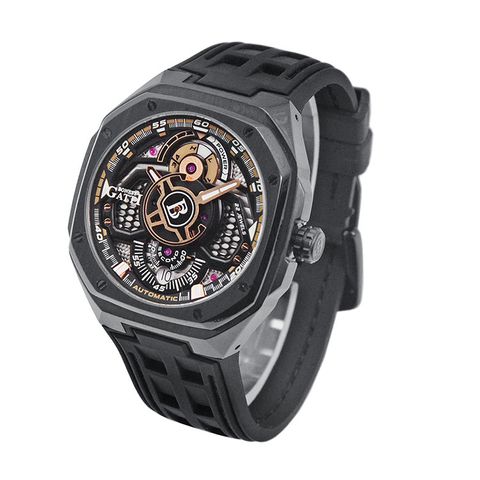 布加迪 | 宇宙系列 BG5801-A2 | 黑色黑框 皮革+橡膠錶帶 自動上鍊機械腕錶 42mm側面