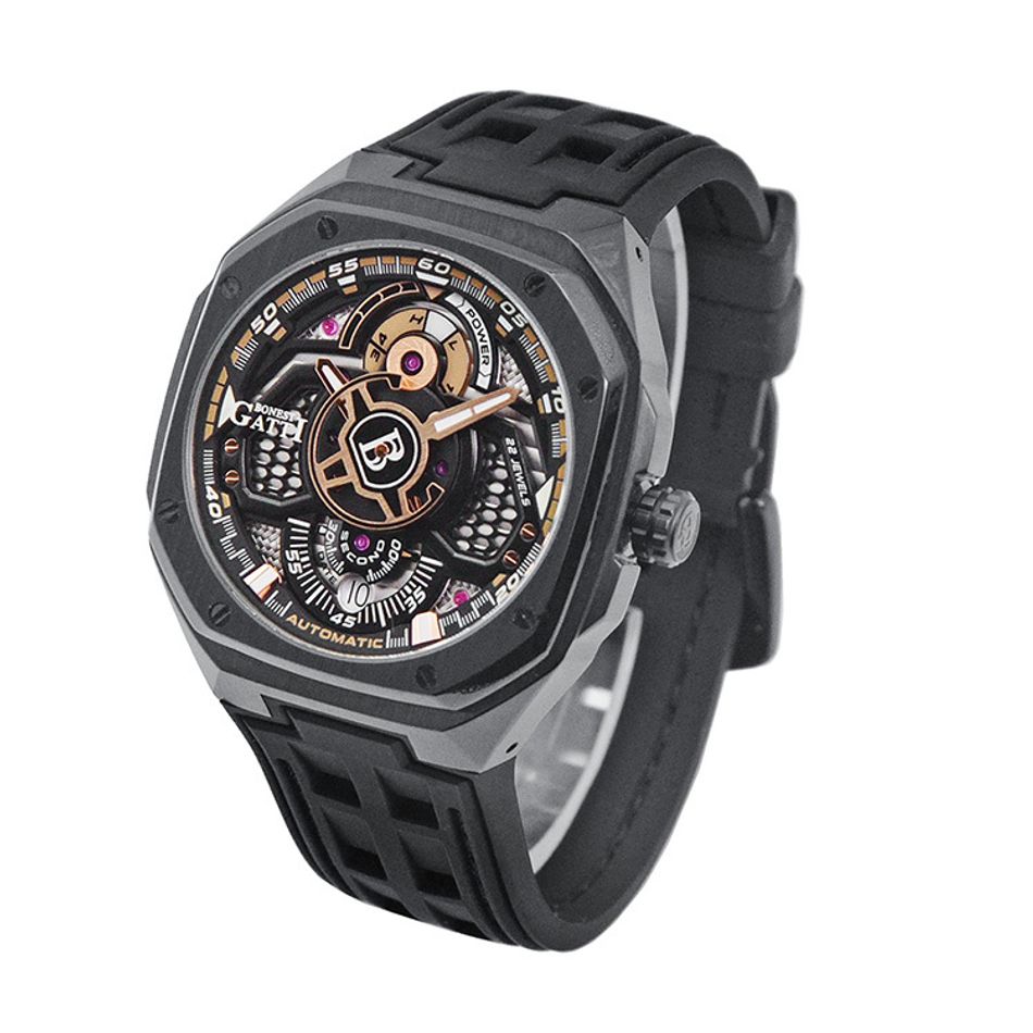 布加迪 | 宇宙系列 BG5801-A2 | 黑色黑框 皮革+橡膠錶帶 自動上鍊機械腕錶 42mm側面