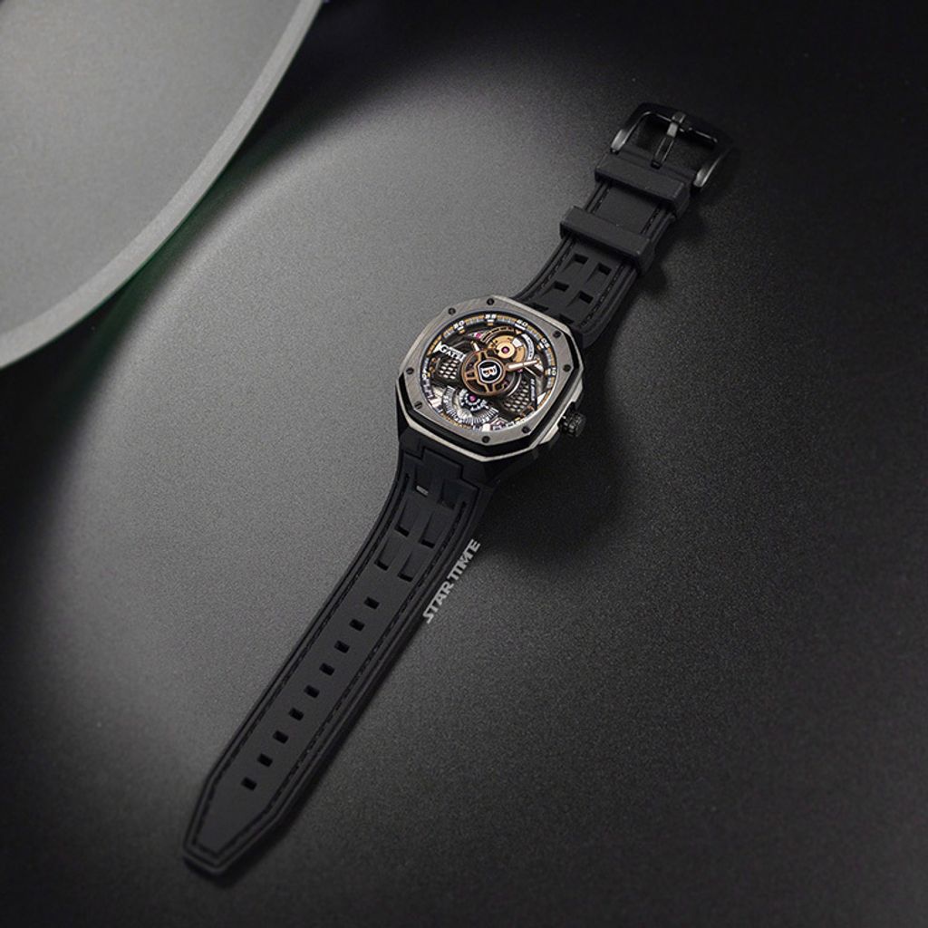 布加迪 | 宇宙系列 BG5801-A2 | 黑色黑框 皮革+橡膠錶帶 自動上鍊機械腕錶 42mm平攤展示