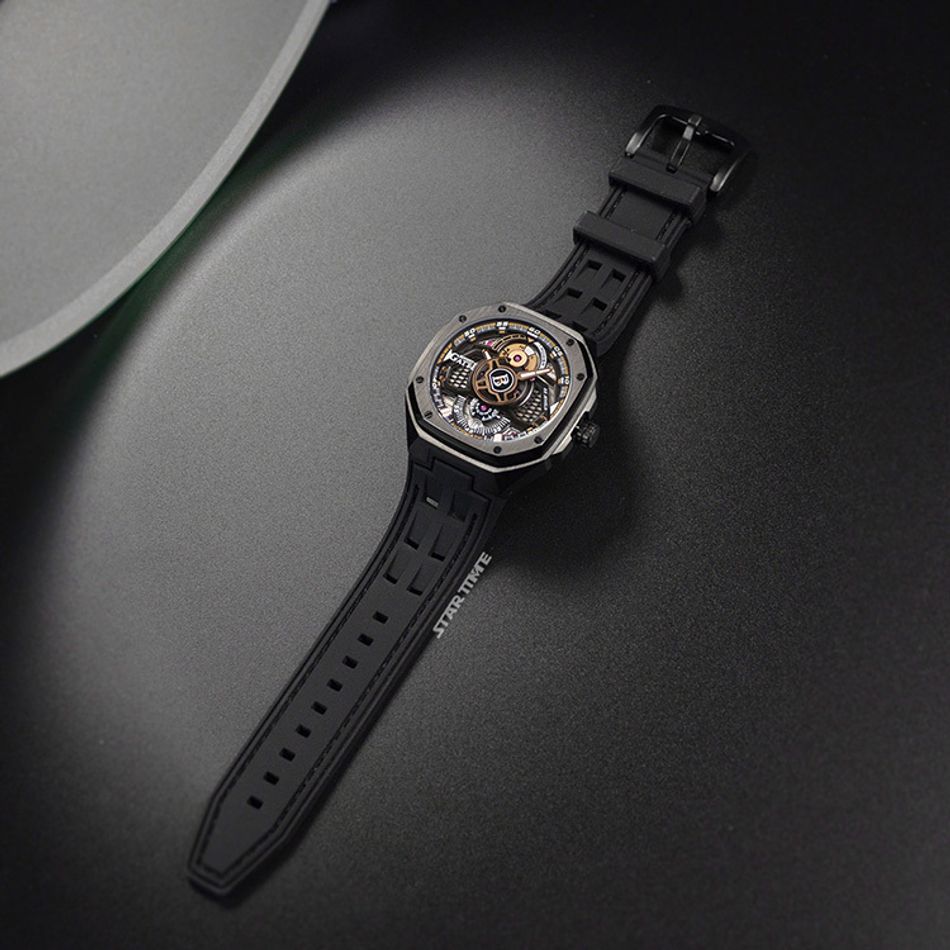 布加迪 | 宇宙系列 BG5801-A2 | 黑色黑框 皮革+橡膠錶帶 自動上鍊機械腕錶 42mm平攤展示