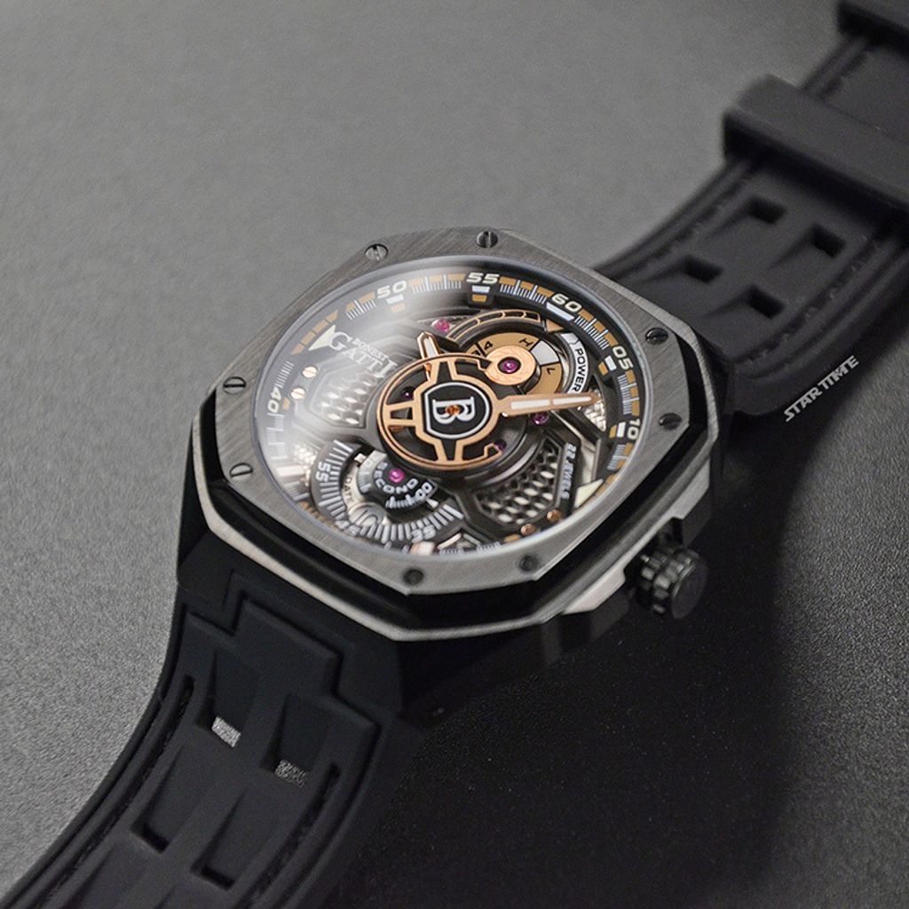 布加迪 | 宇宙系列 BG5801-A2 | 黑色黑框 皮革+橡膠錶帶 自動上鍊機械腕錶 42mm右側錶面細節