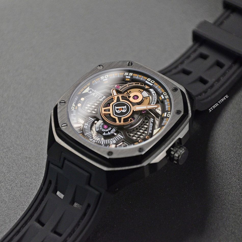 布加迪 | 宇宙系列 BG5801-A2 | 黑色黑框 皮革+橡膠錶帶 自動上鍊機械腕錶 42mm右側錶面細節