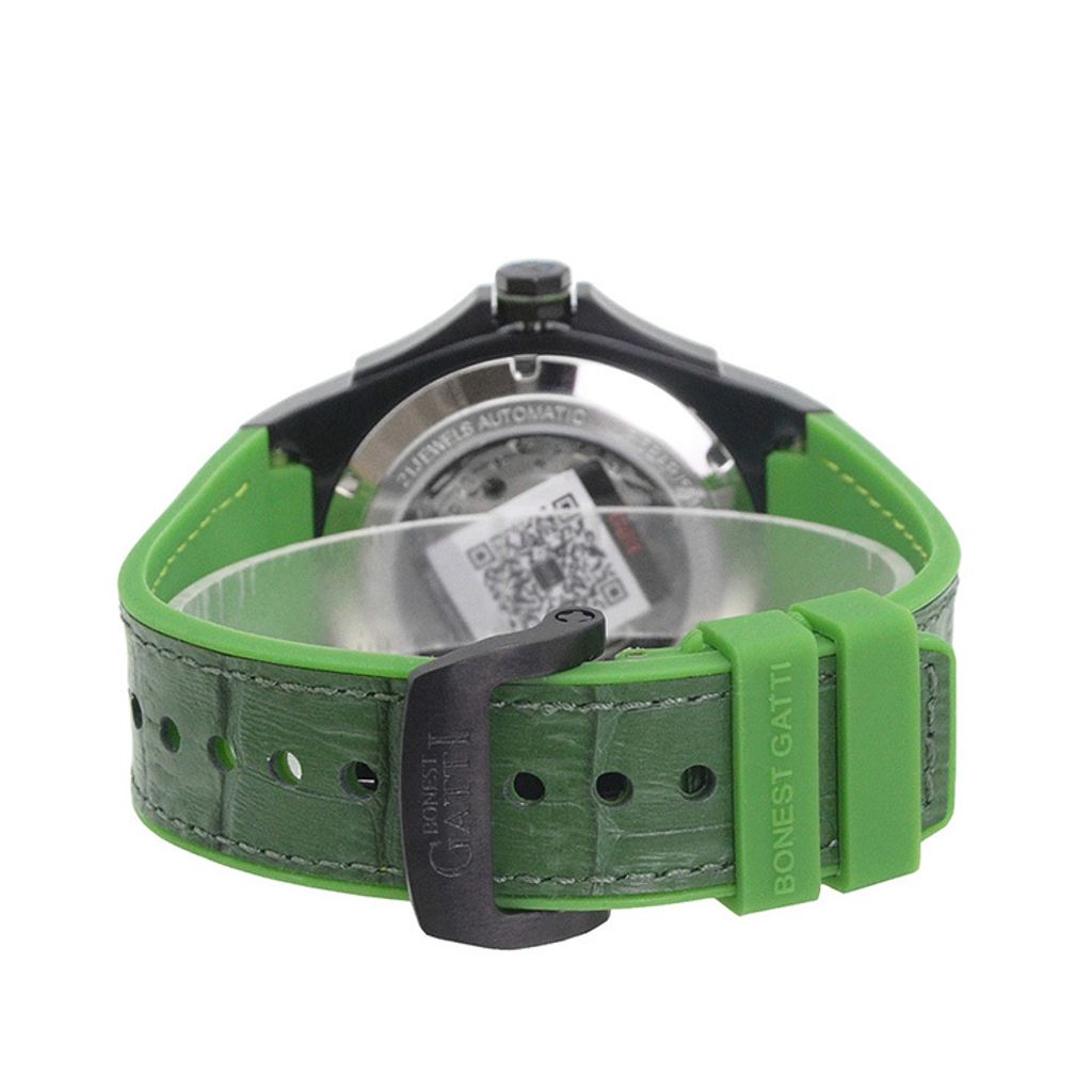 布加迪 | 宇宙系列 BG8701-B4 | 綠色 黑框  皮革+橡膠錶帶 自動上鍊機械腕錶 45mm背面