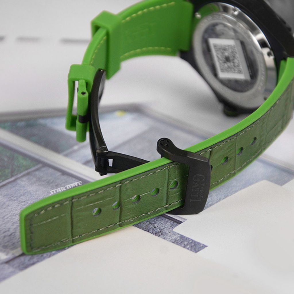 布加迪 | 宇宙系列 BG8701-B4 | 綠色 黑框  皮革+橡膠錶帶 自動上鍊機械腕錶 45mm背面錶帶細節