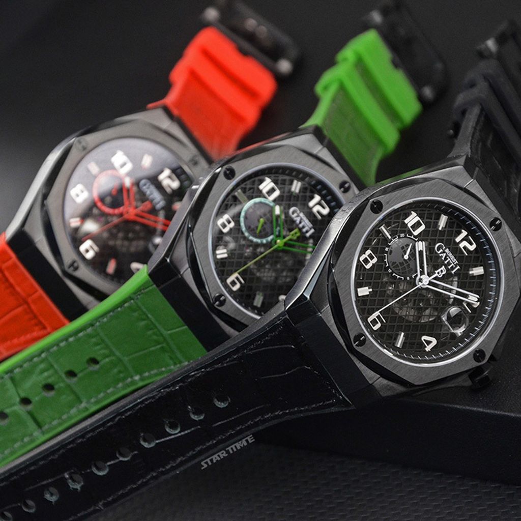 布加迪 | 宇宙系列 BG8701-B4 | 綠色 黑框  皮革+橡膠錶帶 自動上鍊機械腕錶 45mm系列圖