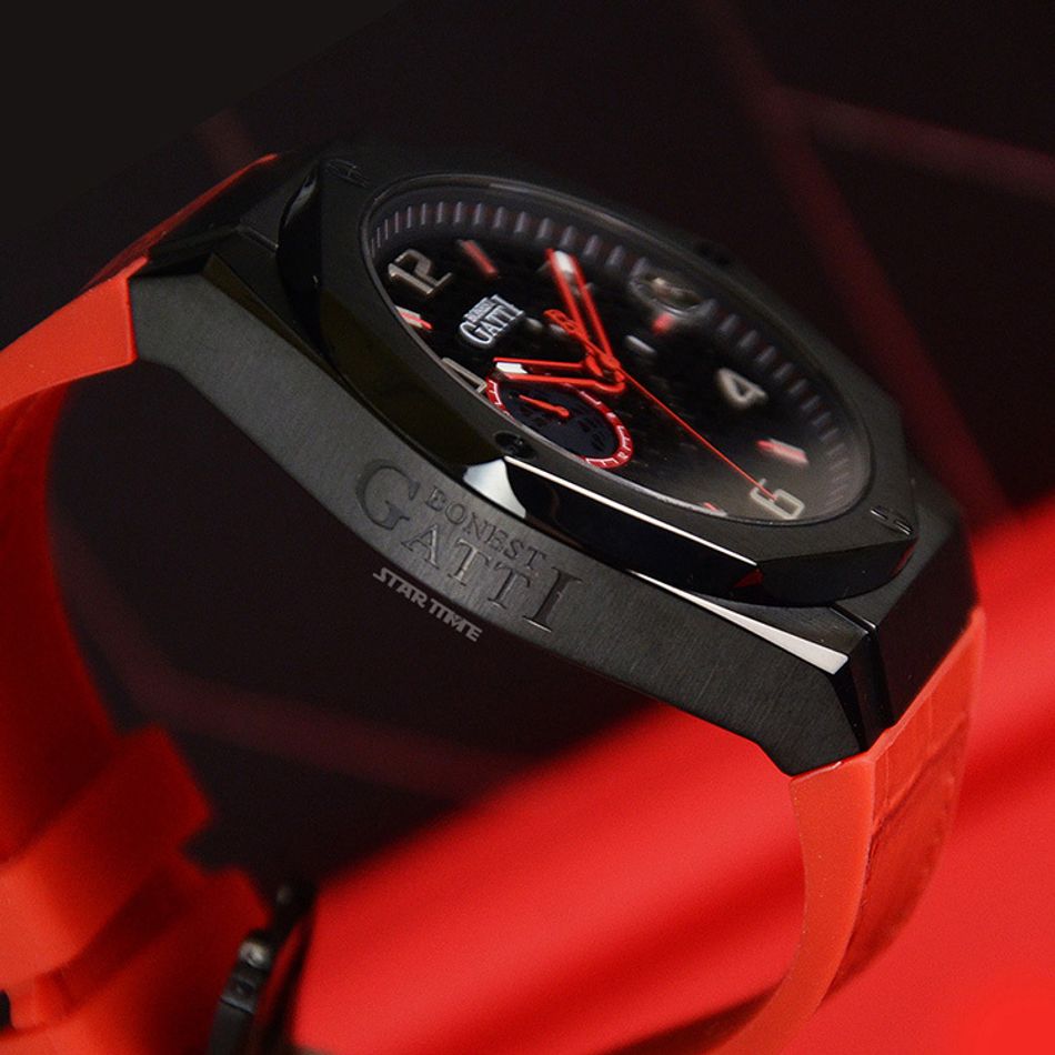 BONEST GATTI 布加迪 | 宇宙系列 BG8701-B3 | 紅色 黑框  皮革+橡膠錶帶 自動上鍊機械腕錶 45mm左側細節