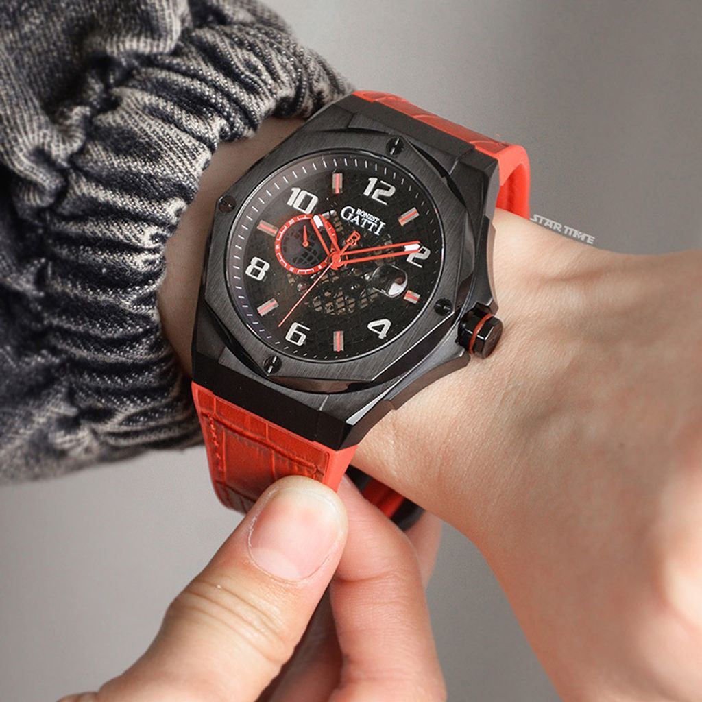 BONEST GATTI 布加迪 | 宇宙系列 BG8701-B3 | 紅色 黑框  皮革+橡膠錶帶 自動上鍊機械腕錶 45mm實戴細節