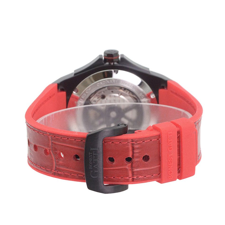 BONEST GATTI 布加迪 | 宇宙系列 BG8701-B3 | 紅色 黑框  皮革+橡膠錶帶 自動上鍊機械腕錶 45mm背面